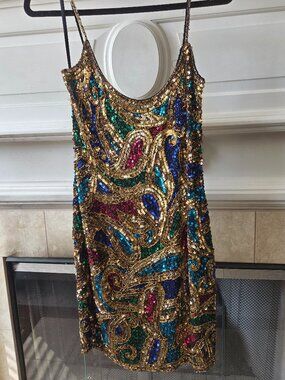 VINTAGE Oleg Cassini 1980s Silk Sequins Mini Dress Size 4